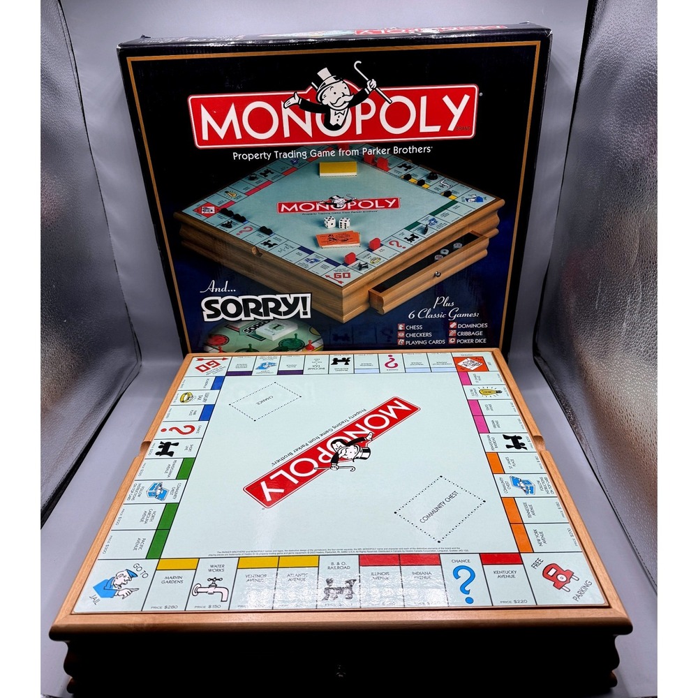 Monopoly and Sorry! 8-in-1 Solid Wood Game Center Deluxe Parker Brothers Set